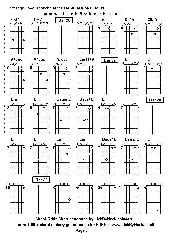 Chord Grids Chart of chord melody fingerstyle guitar song-Strange Love-Depeche Mode-BASIC ARRANGEMENT,generated by LickByNeck software.